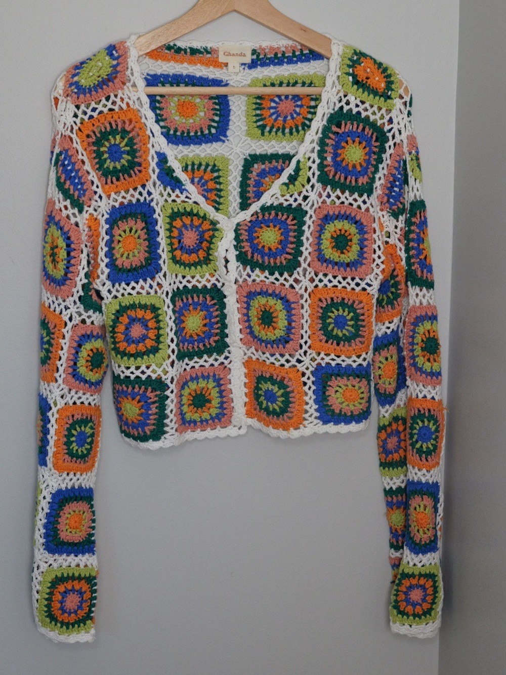 Ghanda Multicolour Granny Square Crochet Cropped Cardigan - Size S